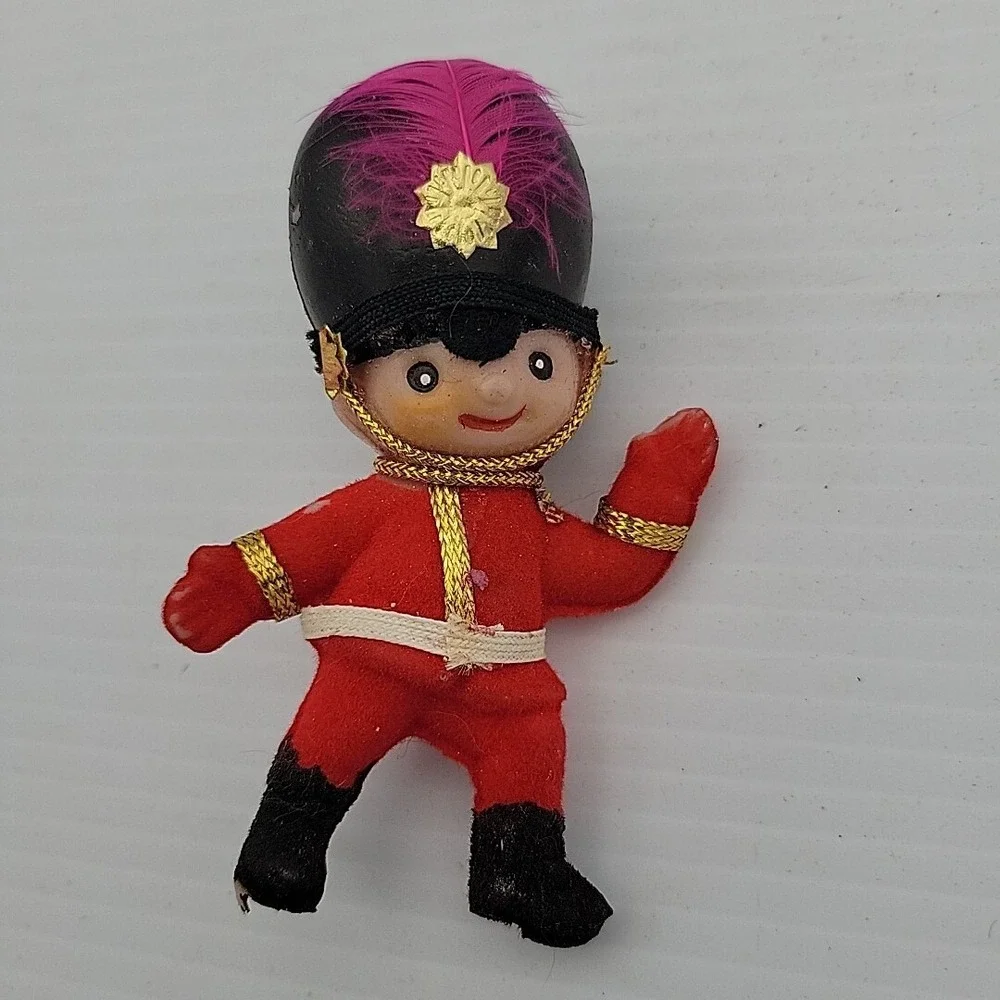 Vintage Christmas Plastic Toy Soldiers Ornaments Set Flocked Red Hong Kong